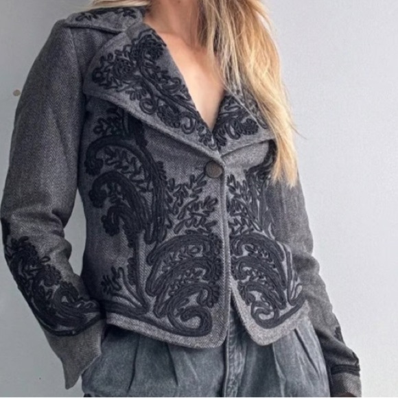 Soft Surroundings Jackets & Blazers - Soft Surroundings Appliquéd Herringbone Blazer Wool Blend Vintage Style Boho,Med
